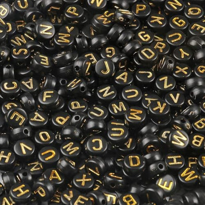 Acrylic Letter Beads Alphabet Gold Letter Black Cube Beads for Friendship Bracelets and Gifts Souvenir Jewelry Making(7 * 4mm Round,1000pcs) - color: Gold Black(Round)