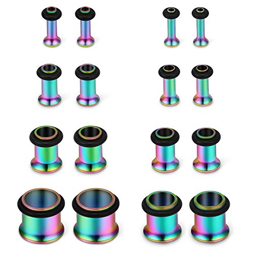 SCERRING 16PCS Ear Tunnels Stretching Kit Stainless Steel Gauge Plugs Set Single Flared Expanders 12G-00G (2mm-10mm) - color: 8Pairs - Rainbow
