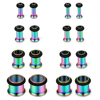 SCERRING 16PCS Ear Tunnels Stretching Kit Stainless Steel Gauge Plugs Set Single Flared Expanders 12G-00G (2mm-10mm) - color: 8Pairs - Rainbow