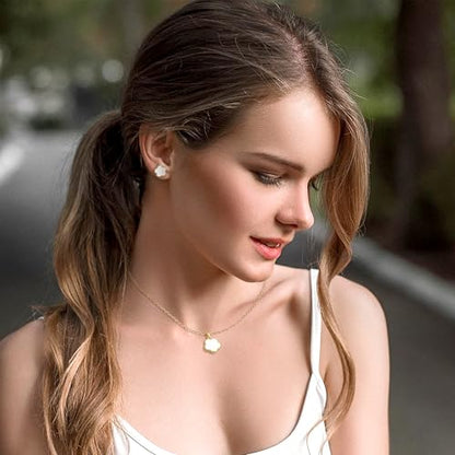 Lucky Flower Alloy Jewelry, Lucky Flower Design Necklace Earrings Bracelet Bangle Ring Jewelry Set, Clover Gold Plated Chain Wrap Ornament & Plush Pouch for Women - color: White