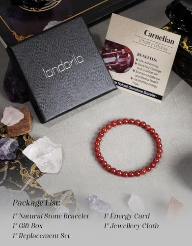 Natural Stone Beaded Bracelets for Men Women, 4mm 6mm 8mm | Healing Crystal, Protection Gemstone, Gift Packaging with Energy Card, Stretch Jewelry, Replacement Beads Included, 18 Stone - color: Carnelian(Luck & Vitality), size: 6mm