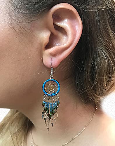 Beaded Dreamcatcher Earrings for Women, Long Boho Fringe Dangle Earrings, Lightweight Colorful Statement Jewelry, Handmade - color: Turquoise & Brown