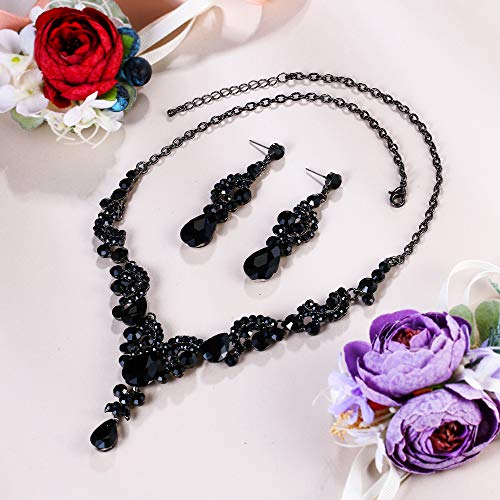 EVER FAITH Rhinestone Crystal Bridal Floral Wave Teardrop Necklace Earrings Set - color: 2pcs_Black Black-Tone