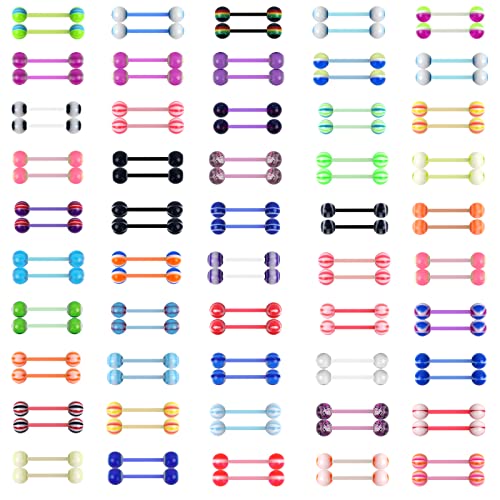 100Pcs 14G Acrylic Tongue Rings, Multi Color Assortment Flexible Tongue Rings Barbells Mix Piercing - style: 50 Pairs-Plastic Bar