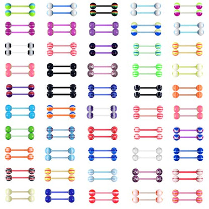 100Pcs 14G Acrylic Tongue Rings, Multi Color Assortment Flexible Tongue Rings Barbells Mix Piercing - style: 50 Pairs-Plastic Bar