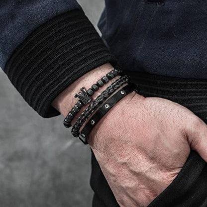 WFYOU 3PCS Stainless Steel Imperial Crown Bracelets for Men Gold Roman Numeral Bangle Bracelet Adjustable Cuff Bracelet Mens Luxury Jewelry Gifts - style: 01:Black-Cubic Zirconia