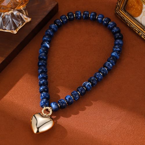 Chunky Heart Necklaces for Women Colorful Resin Beaded Necklaces for Women Gold Puffy Heart Statement Necklace Trendy Acrylic Choker Jewelry Gift - color: B-Baolan