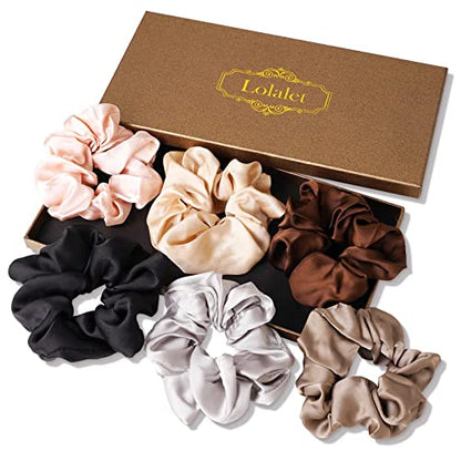 Lolalet Scrunchies for Women, Satin Hair Softer Than Silk Ties Sleep, Big Scrunchy Ponytail Holder with Elastic Bands Girls Thick Thin Curly -6 Pack, Style A - color: 1 - Satin/Black, Grey, Light Brown, Pink, Champagne, Chocolate