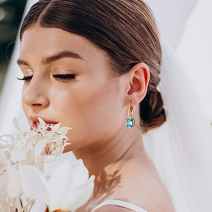 Birthstone Crystal Dangle Drop Earrings, 18K Gold Plated Huggie HoopEarring | Hypoallergenic Earring Jewelry Gifts for Women, Birthdays, anniversaries, weddings - color: Blue-1