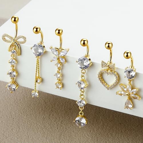Dangle Belly Button Ring Surgical Stainless Steel Dangly Belly Rings for Women Dangling Heart Bow Butterfly Navel Belly Piercing Jewelry 14G - color: Gold Tone