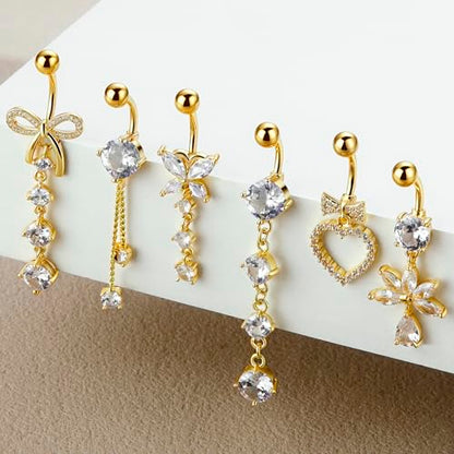 Dangle Belly Button Ring Surgical Stainless Steel Dangly Belly Rings for Women Dangling Heart Bow Butterfly Navel Belly Piercing Jewelry 14G - color: Gold Tone