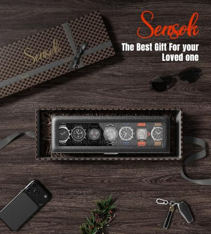 Watch Case Box for Men - 7 SLots Watches Storage Organizer Real-Glass Display Case with Jewelry Drawer 2-Layer Ti Pu Leather Collection Holder Gift for Love Ones Metal Black - size: 7 Slots, Metal Black
