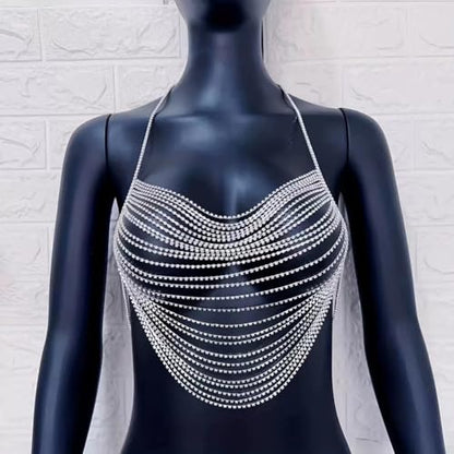 Multi-Layer Body Chain Necklace Rhinestone Chain Halter Top Body Jewelry Sexy Tassel Chest Chain Rave Nightclub Accessory - color: Silver