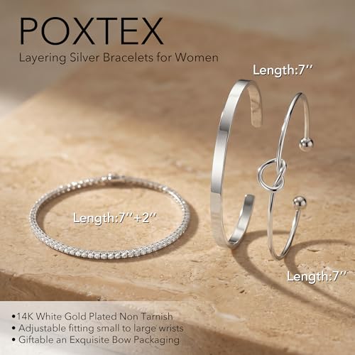 925 Sterling Silver Bracelets for Women Stack, Trendy Tennis Bangle Cuff Jewelry Set 14K Gold Plated, Adjustable Bracelet Set for Wrist Essentials, Women Fashion Watch Band Acecessories - style: Bracelet_3pcs(Dainty Tennis Set1-Silver)