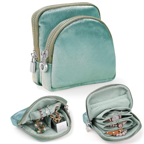 Small Travel Jewelry Case 2-in-1 Detachable Velvet Jewelry Bag Set | Portable Dual-Pouch Jewelry Organizer with Zippered Pouches and Divided Storage for Rings, Earrings, Bracelets & Accessories - color: Mint Green