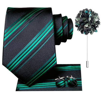 Hi-Tie Men's Silk Ties Formal Woven Classic Necktie Pocket Square Cufflinks Lapel Pin Set Wedding Business - color: A Black and Green