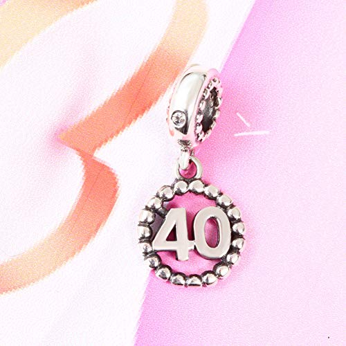 5,10,15,16,17,18,20,21,25,30,35,40,42,49,50,55,60,65,70 Number Charms for European Bracelet, 925 Sterling Silver Birthday Pendant Beads with CZ, Gifts for Mothers Day/Anniversary - color: Number 40 Charm
