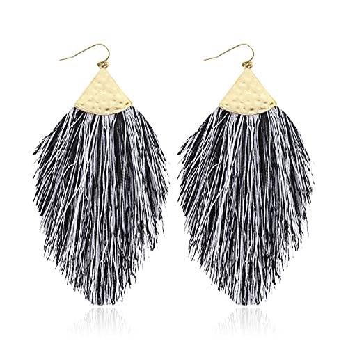 Bohemian Silky Thread Fan Fringe Tassel Statement Earrings - Lightweight Strand Feather Shape Dangles - color: Feather Fringe - Black Grey
