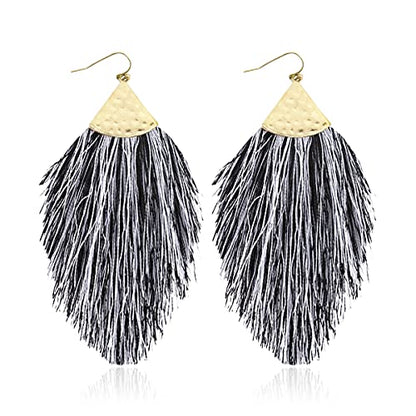 Bohemian Silky Thread Fan Fringe Tassel Statement Earrings - Lightweight Strand Feather Shape Dangles - color: Feather Fringe - Black Grey