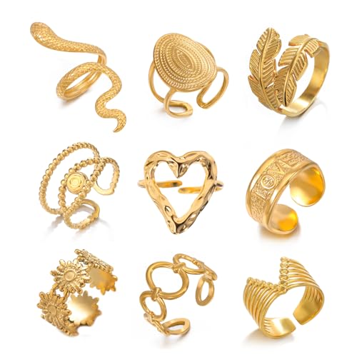 Loqimu 8 Pack Stainless Steel Rings Set for Women Silver Aesthetic Jewelry Rings Adjustable Stackable Rings for Teen Girls Trendy Knuckle Thumb Finger Rings Size 8 9 7 10 Indie rings - color: Gold 4