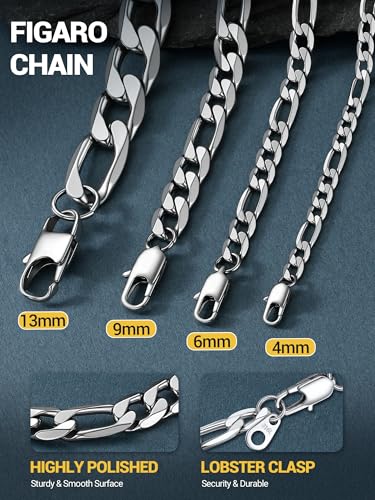 PROSTEEL Stainless Steel Figaro Link Chain Necklace for Men Women | 18K Gold Plated/Black/Silver,4/6/9/13mm Width,Sweat-proof and Fade-resistant Diamond Cut Chain with Sturdy Clasp,18"-30" - color: Silver, size: 30 inches, style: 4mm Width