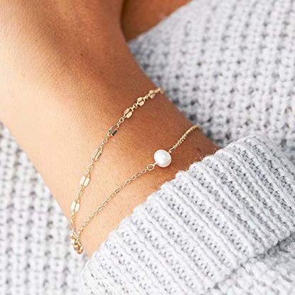 Dainty Gold Bracelets for Women, 14K Gold Plated Adjustable Layered Beads Bracelet Cute Evil Eye Oval Chain Pearl Bar Turtle Gold Bracelets for Women Jewelry - style: Pearl&Chain