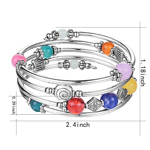 Beaded Pearl Bangle Wrap Bracelet - Fashion Bohemian Jewelry Multilayer Charm Bracelet with Thick Silver Metal Beads, Gift For Women - color: Colorful