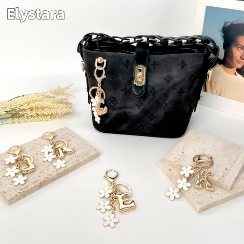 Floral Series Initial Bag Charm, Cute Flower & Bubble Letter Purse Charms, Keychain Accessories Gift for Women - color: White Flower, style: C