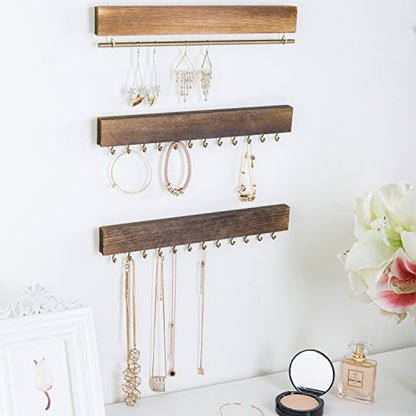 MyGift 3-Piece Wall Jewelry Organizer, Wall-Mounted Rustic Wood and Gold Tone Metal 24 Hook Necklace and Bracelet Storage Rack with Hanging Earring Bar - color: WOOD3-Piece