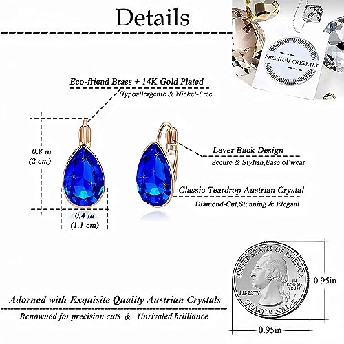 Austrian Crystal Teardrop Leverback Drop Earrings for Women | 14K Gold-Plated Finish, Sparkling Pear Stone, Smooth Bezel Frame, Secure Leverback Closure, Dainty Day-To-Evening Style - color: Blue-Violet