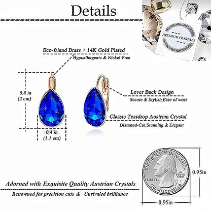 Austrian Crystal Teardrop Leverback Drop Earrings for Women | 14K Gold-Plated Finish, Sparkling Pear Stone, Smooth Bezel Frame, Secure Leverback Closure, Dainty Day-To-Evening Style - color: Blue-Violet