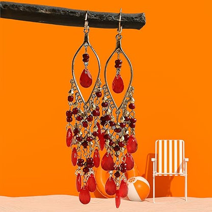 Essencedelight Crystal Beaded Tassel Earring Long Beaded Dangle Earring Fringe Hook Earring for Women Bridal Wedding - color: red