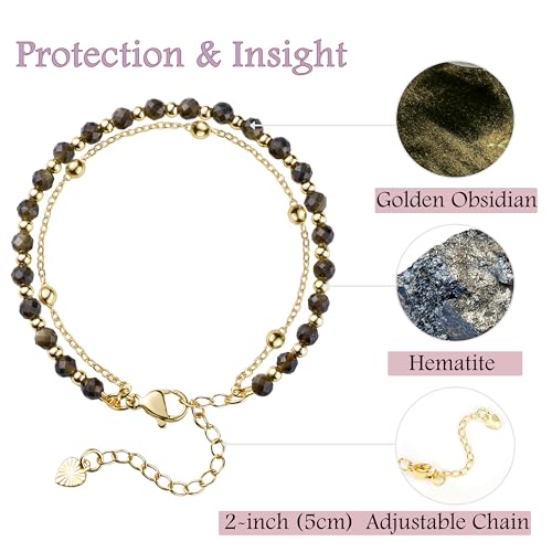 Farfume Crystal Beaded Bracelets for Women 4mm Natural Stone Jewelry Gifts | Natural Beads Gemstone,Handmade,Helper Tool,Yoga Protection,Hypoallergenic,Durability Wear - color: Golden Obsidian-Protection & Insight