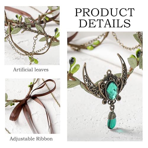 MOSTORY Woodland Elf Crown for Women - Medieval Elf Headpiece with Tassel for Renaissance Renfaire Fae Cosplay Viking Outfit - color: Bronze-green
