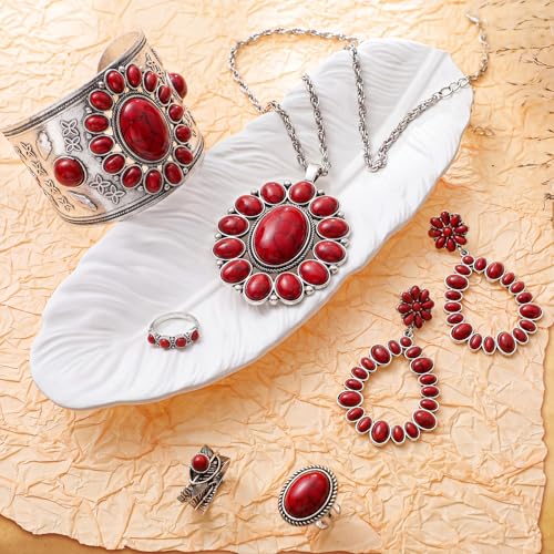 Ecally Bohemian Western Jewelry Turquoise Set Women Country Pendant Long Choker Layered Bracelets Earrings Ring for Women - color: Red, style: Lovely