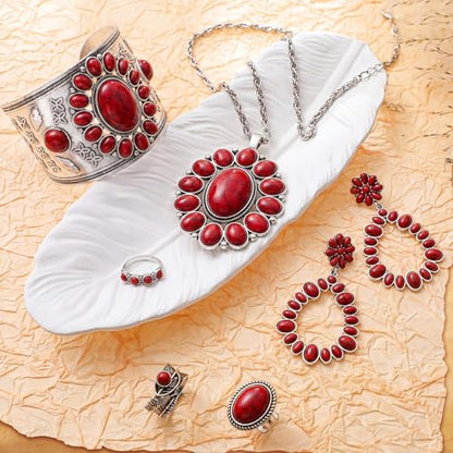 Ecally Bohemian Western Jewelry Turquoise Set Women Country Pendant Long Choker Layered Bracelets Earrings Ring for Women - color: Red, style: Lovely