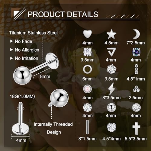 18Pairs 18G Titanium Stainless Steel Stud Earrings Set for Women Men Hypoallergenic Flat Back Cartilage Earring CZ Moon Star Heart Ball Helix Tragus Lobe Stud 6MM 8MM - color: Sliver