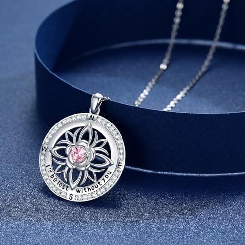 Compass Necklace Sterling Silver Nautical Graduation Gift | 925 Sterling Silver compass pendant with meaningful nautical design, jewelry for women, graduation and travel gift - color: Pink