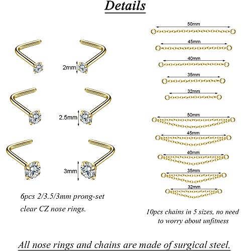 PunkTracker 20G Nose Rings 2mm 2.5mm 3mm CZ Nose Studs | with Chains Surgical Steel Nose Piercing Jewelry Nose Ring Studs - style: Gold, L-Shape