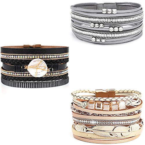 Wowanoo 3Pack Leather Cuff Bracelet Set Multilayer Wrap Bracelet Crystal Feather Tree Bracelet Magnetic Clasp Bracelet for Women - color: ThreeColor