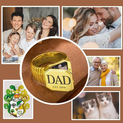 AILIN Custom Picture Rings For Men Personalized Engraved Monogram Initial Number Family Crest Coat of Arms Signet Rings For Father Son Family Memorial Dad Rings Class Graduation Gifts For Papa - style: Square Style