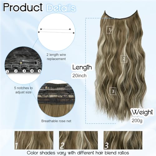 Medium Brown Halo Hair Extensions with Ash Blonde Highlights | 20 Inch Wavy Synthetic Fiber with Invisible Wire and 4 Secure Clips for Easy Daily Styling and Party Wear - color: Ash Medium Brown Highlights