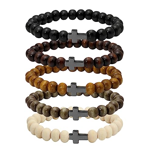 5 Pcs Wooden Beaded Bracelet Bangle for Men and Women Elastic - style: Black Cross