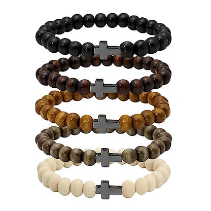 5 Pcs Wooden Beaded Bracelet Bangle for Men and Women Elastic - style: Black Cross