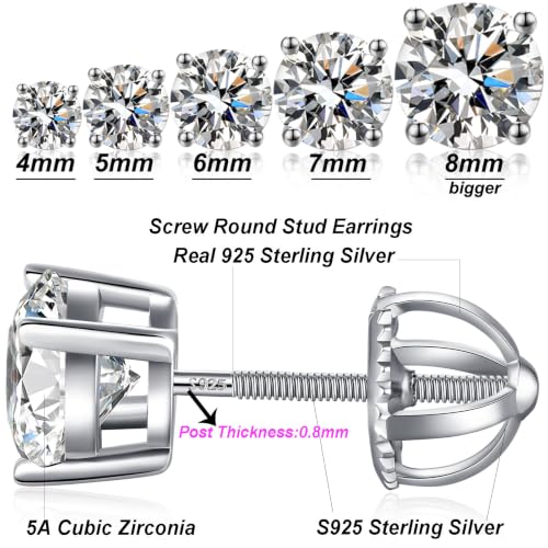 Jiamiaoi Stud Earrings Screw Back Sterling Silver Cubic Zirconia Stud Earrings Set 4 Millimeters-8 Millimeters Nickle Free Hypoallergenic Earring Studs - color: F-Round Zircon, size: 6mm