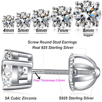Jiamiaoi Stud Earrings Screw Back Sterling Silver Cubic Zirconia Stud Earrings Set 4 Millimeters-8 Millimeters Nickle Free Hypoallergenic Earring Studs - color: F-Round Zircon, size: 7mm
