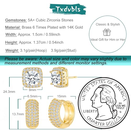 Earrings for Men 14K Gold Plated Hypoallergenic Mens Hoop Earrings | Cubic Zirconia Round/Square Stud with Huggie Hoop Earring Set,Mens Cartilage Studs for Sensitive Ear,Jewelry Gift for Him - color: Square Stud & Huggie - Gold