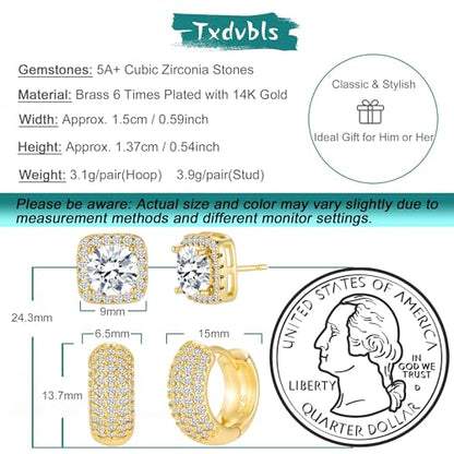 Earrings for Men 14K Gold Plated Hypoallergenic Mens Hoop Earrings | Cubic Zirconia Round/Square Stud with Huggie Hoop Earring Set,Mens Cartilage Studs for Sensitive Ear,Jewelry Gift for Him - color: Square Stud & Huggie - Gold