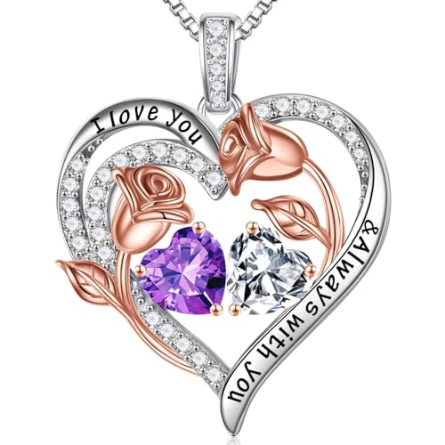 Iefil Birthstone Necklace for Women - Rose Heart Necklace | 925 Sterling Silver, Gift Box Packaging, Anniversary Birthday Gifts for Wife Mom Daughter - color: 02-04-Feb-Apr Birthstone