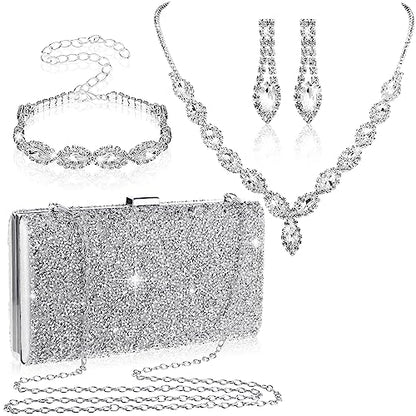 Mixweer 4 Pieces Clutch Purses Bag for Women Evening Rhinestone Jewelry Set Bling Necklace Earrings Bracelets Set for Wedding - style: Graceful Style